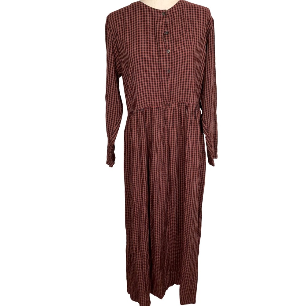 Eddie Bauer Dress Womens Medium Red Black Gingham Maxi Comfy Prairie Western